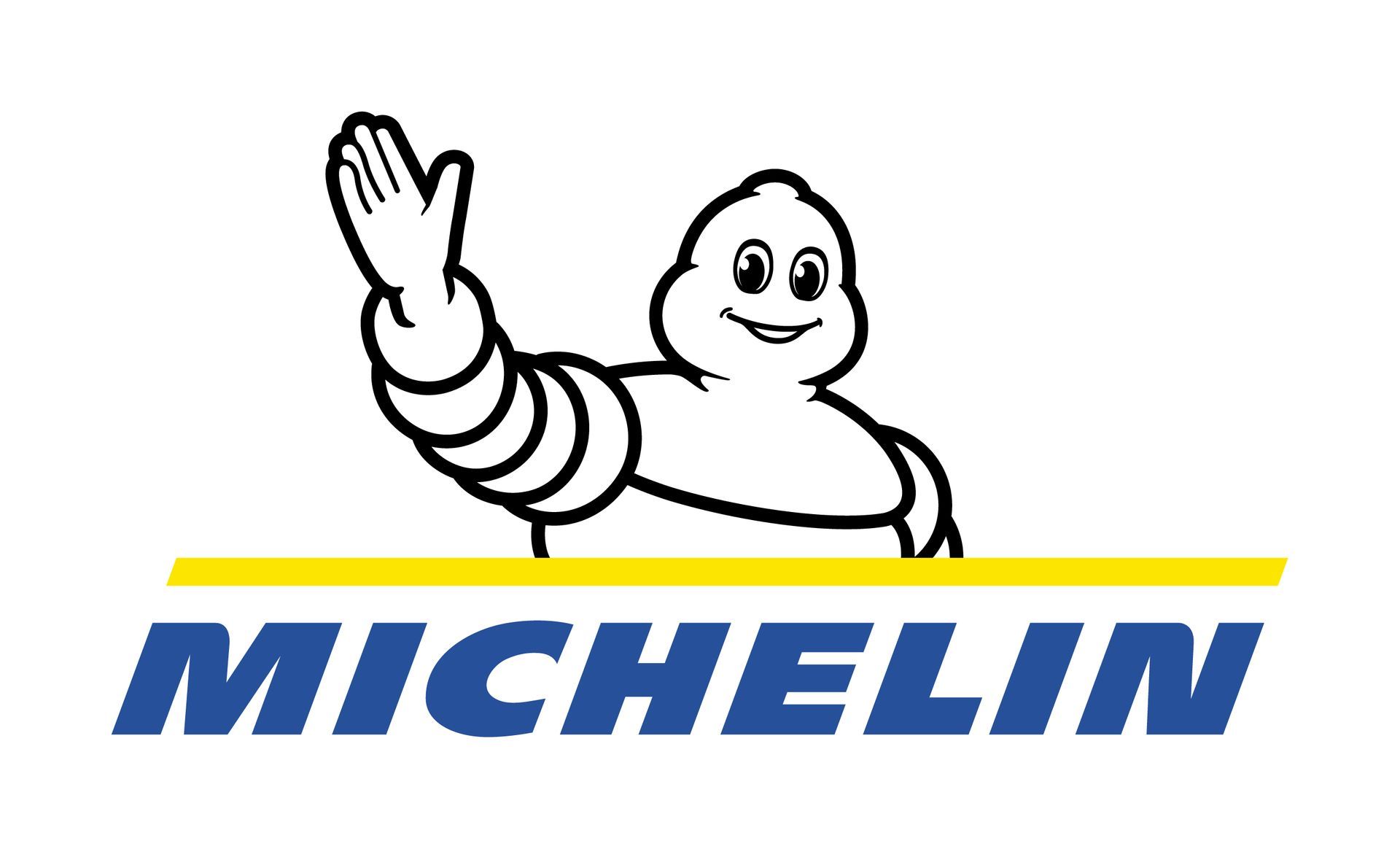 Michelin Man, a tire-shaped figure, waves; the Michelin logo, blue letters over yellow line.
