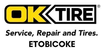 OK Tire logo with yellow and black text, offering service, repair, and tires in Etobicoke.