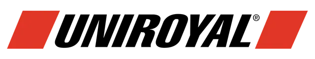 Uniroyal tires logo in black letters with red angled rectangles.