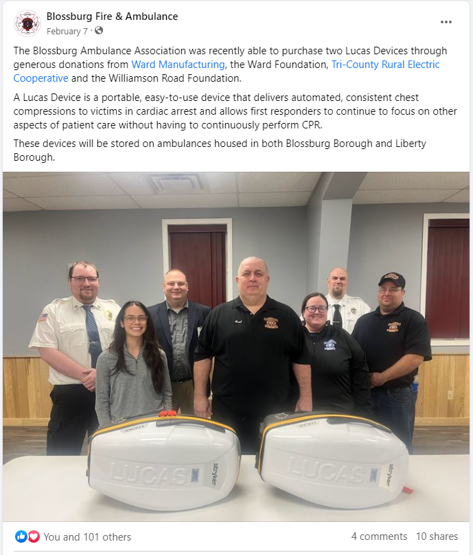 Ward Manufacturing Donates to Blossburg Fire Department
