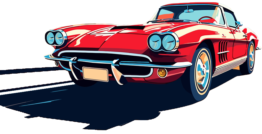 Red vintage convertible sports car in side view on a white background, casting a long shadow.