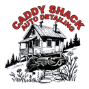 Caddy Shack Auto Detailing logo with red text, a cabin, a classic car, and pine trees
