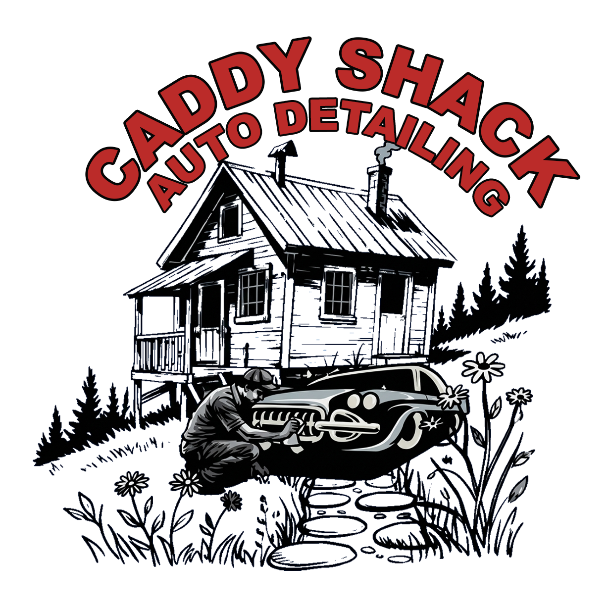 Caddy Shack Auto Detailing logo with red text, a cabin, a classic car, and pine trees