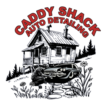 Caddy Shack Auto Detailing logo with red text, a cabin, a classic car, and pine trees