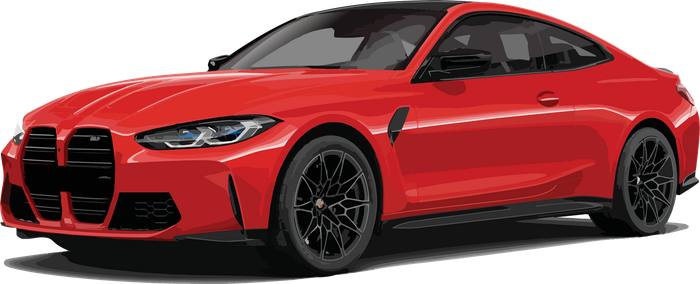 Red sports coupe with black wheels, shown in side view on a white background