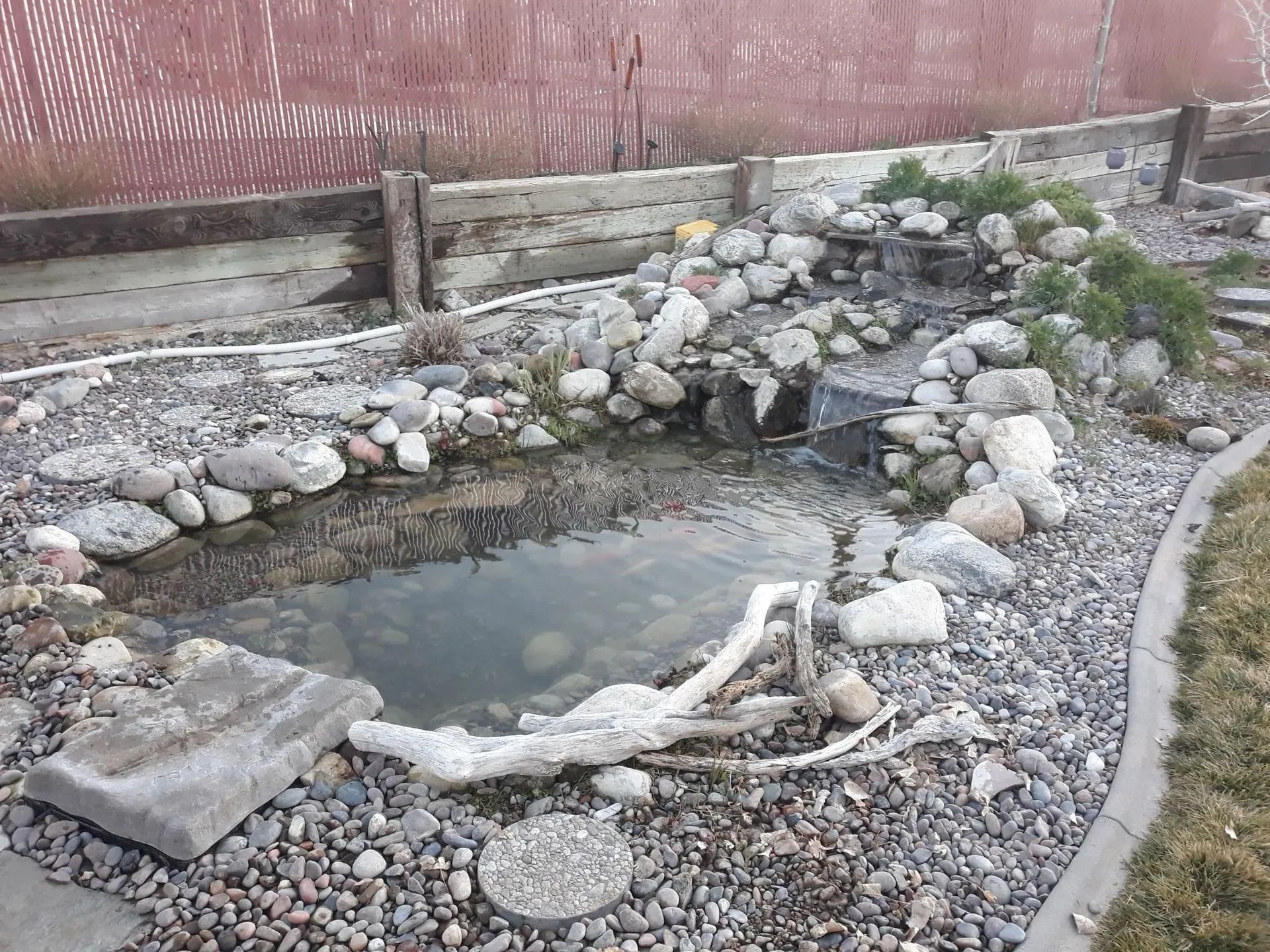 Small rock-lined pond in a gravel yard with a log, stones, and a wooden fence behind it.