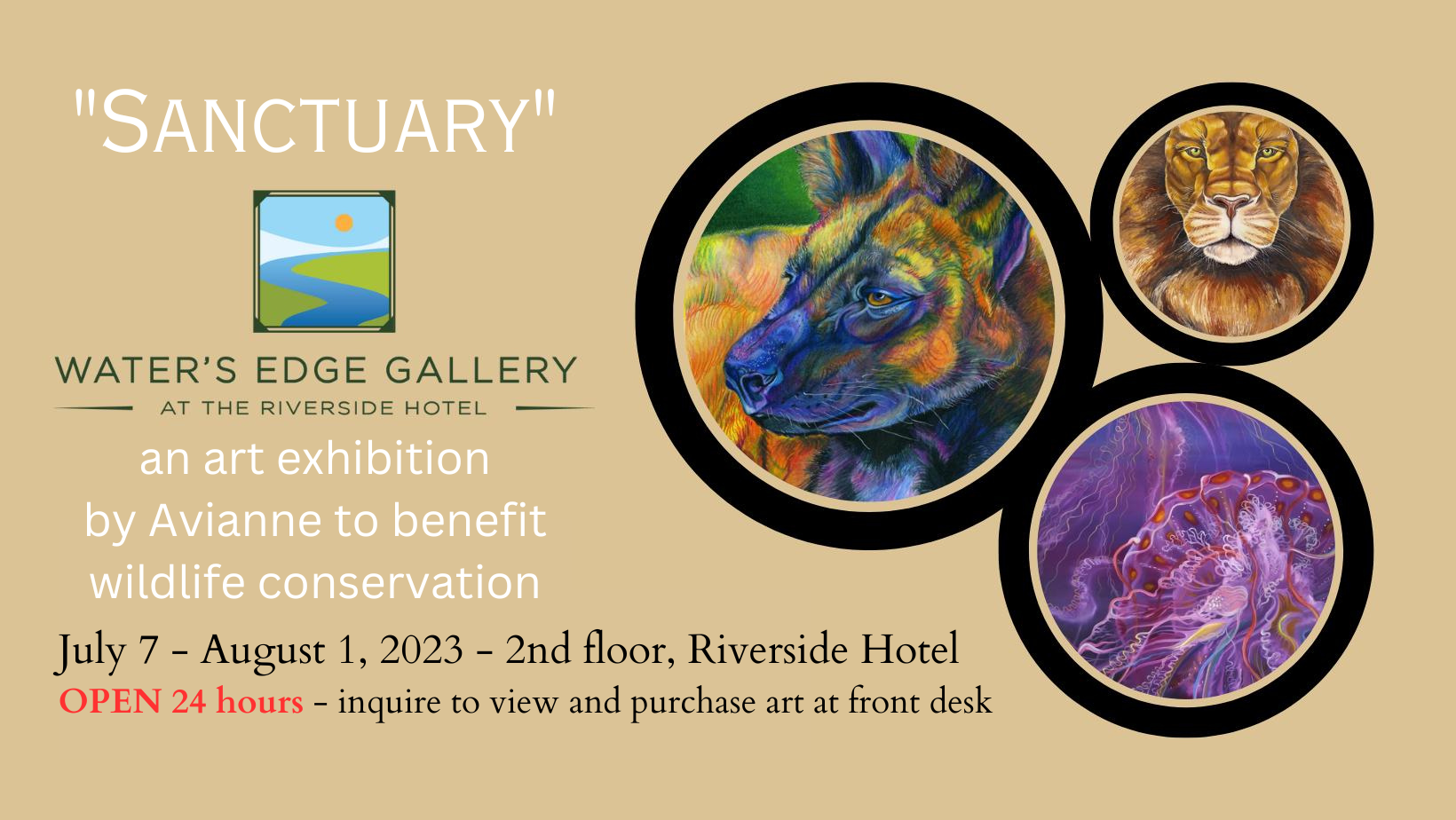 Art exhibition poster for “Sanctuary” at Riverside Hotel, with three circular nature artworks on a tan background.
