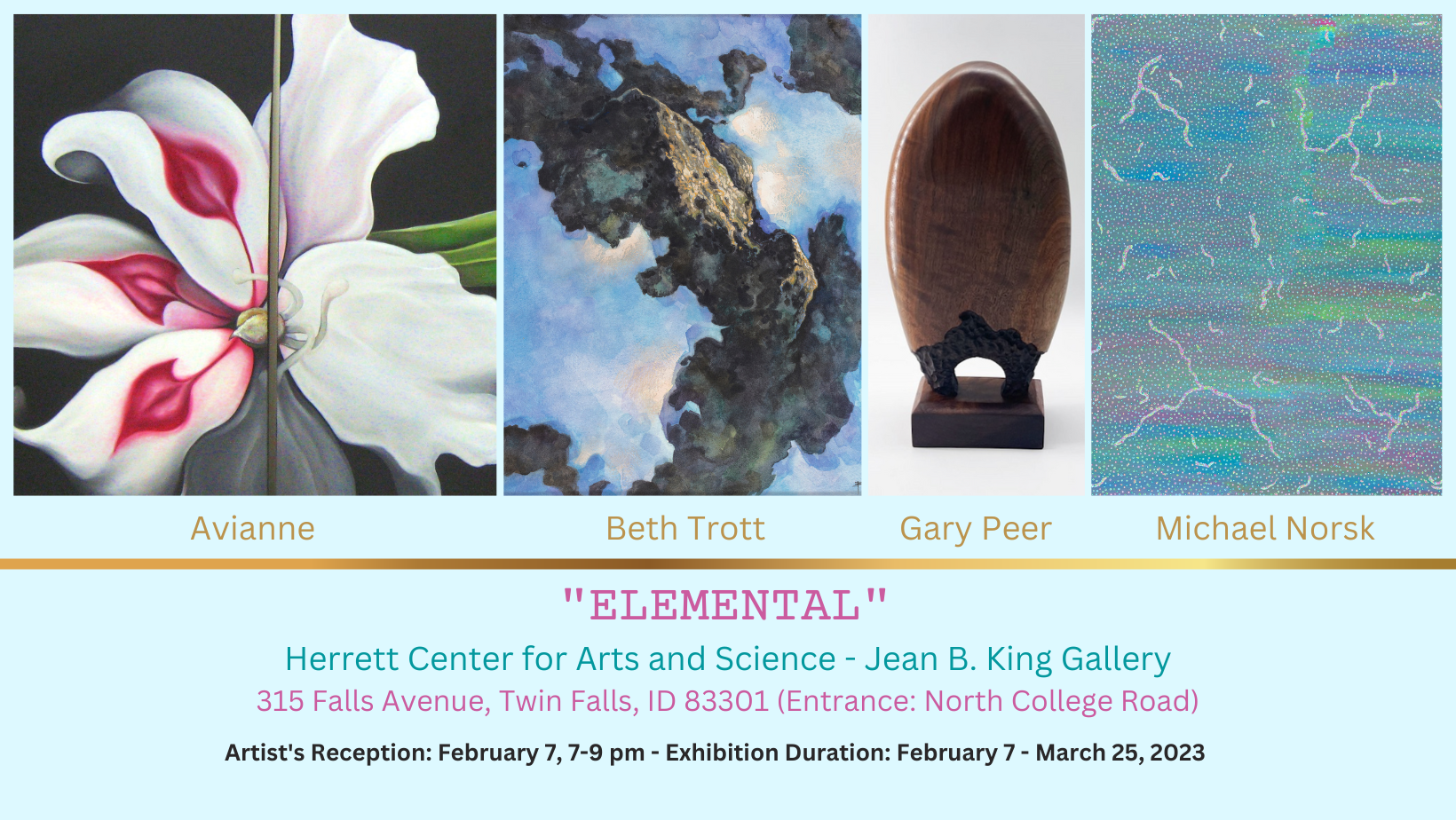Art exhibit poster with four artworks: white flower, abstract landscape, oval portrait, and blue textured panel