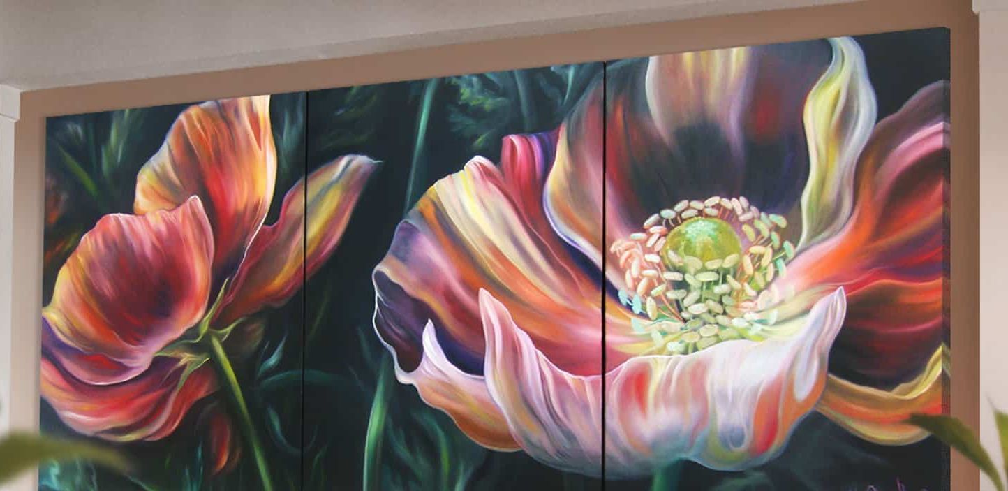 Colorful floral painting of pink, orange, and white flowers in a wooden frame