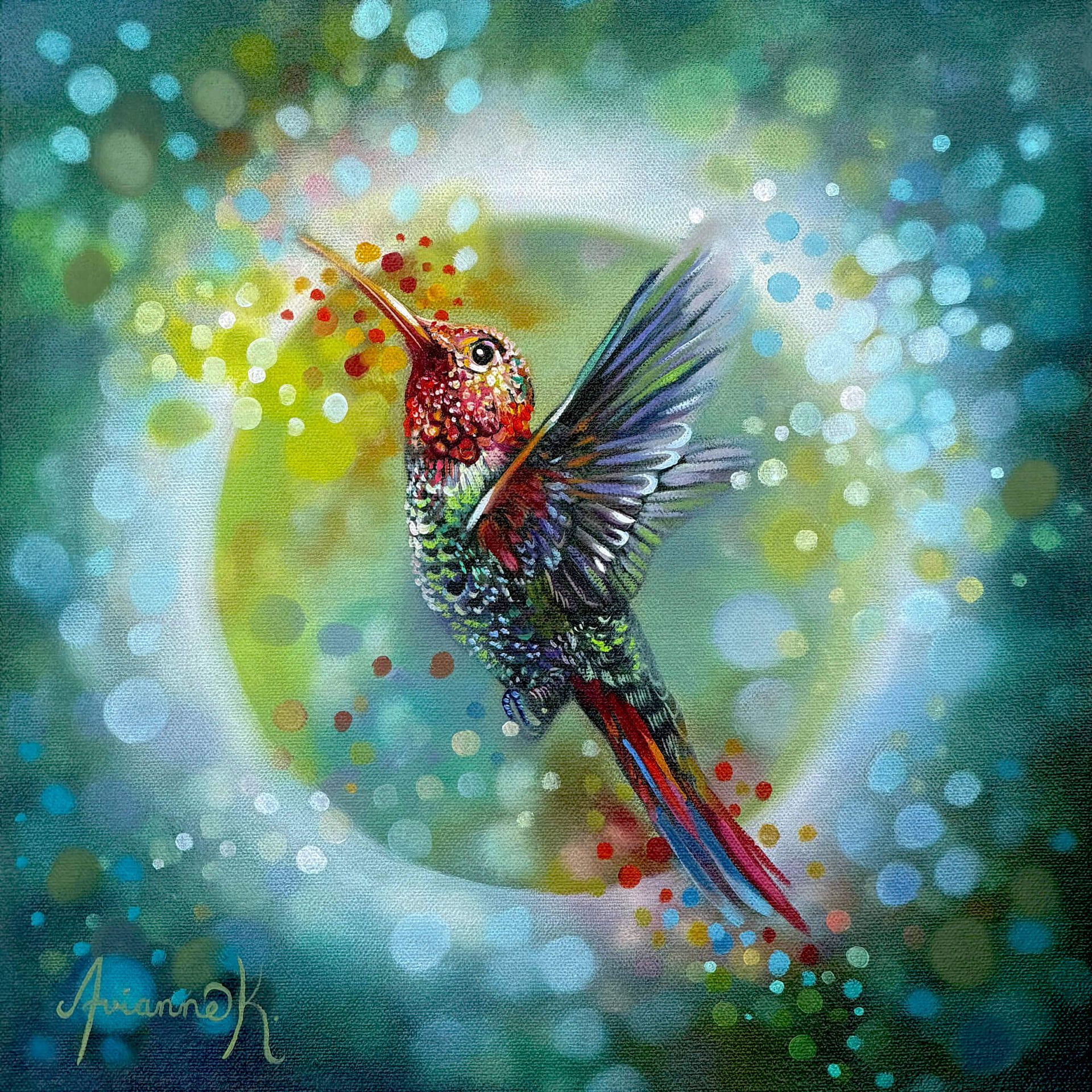 Colorful hummingbird hovering in a dreamy blue-green watercolor sky with glowing bokeh.