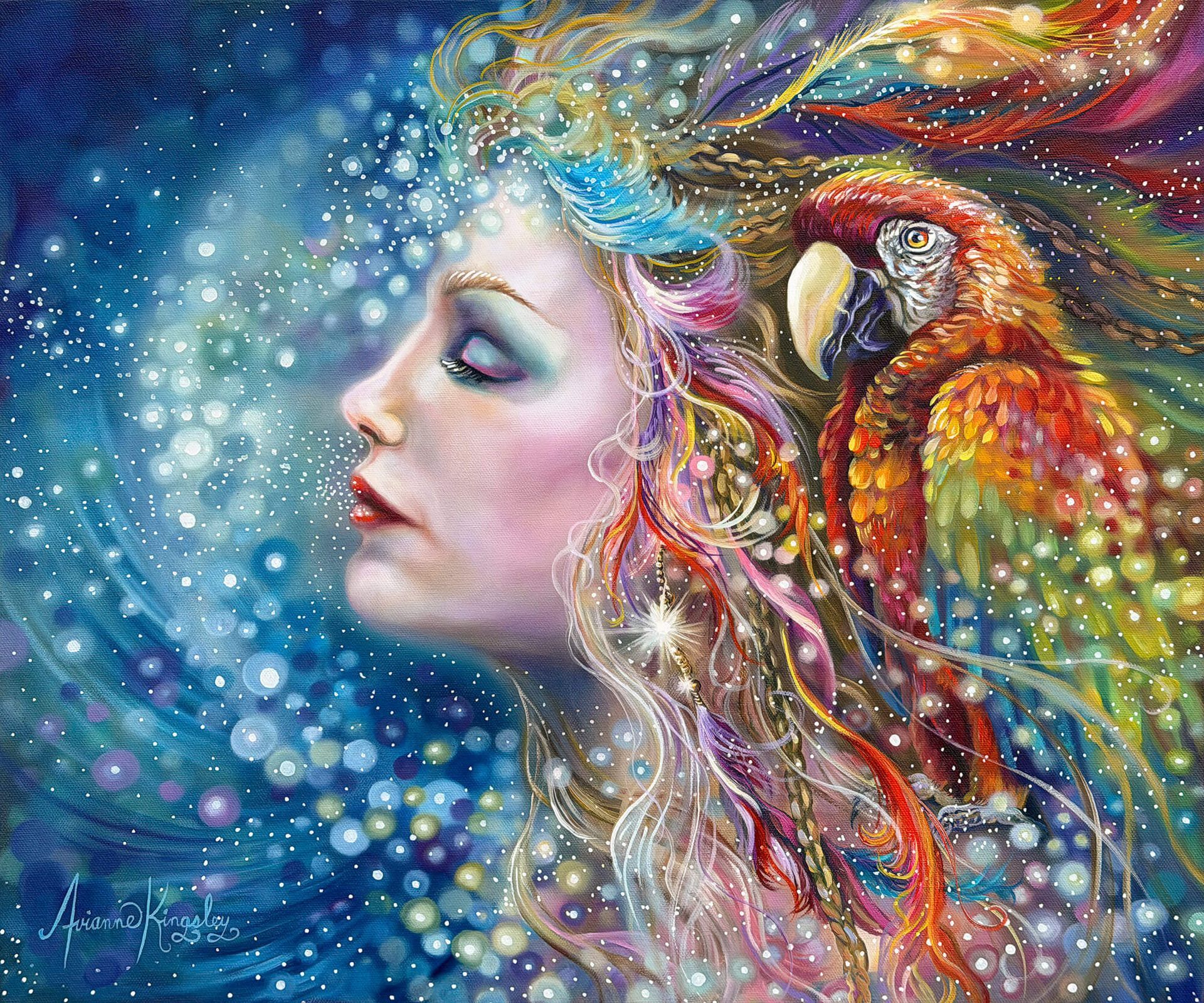 Dreamy profile of a woman with flowing rainbow hair against a sparkling blue, cosmic background
