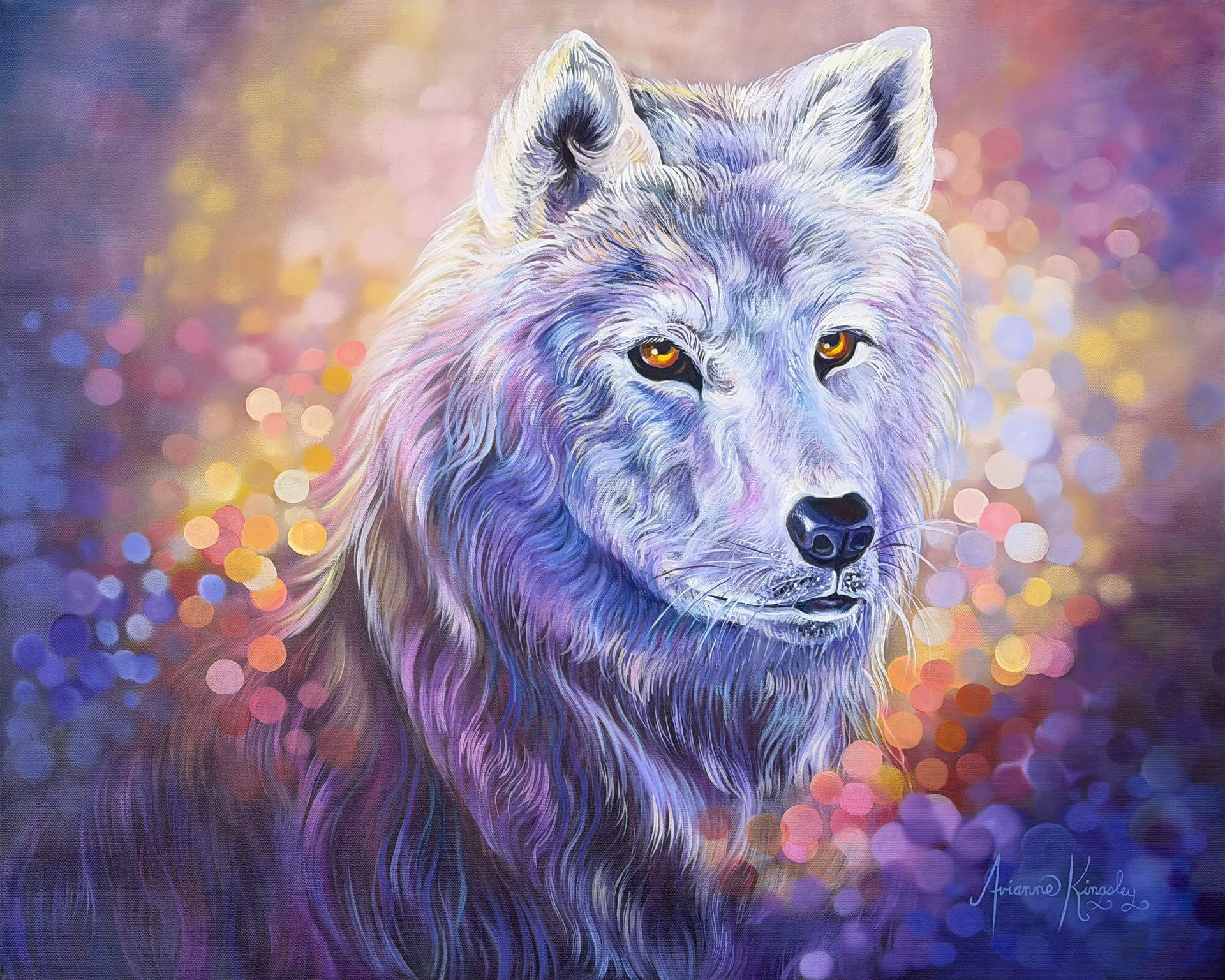 White wolf with amber eyes against a colorful purple and gold bokeh background