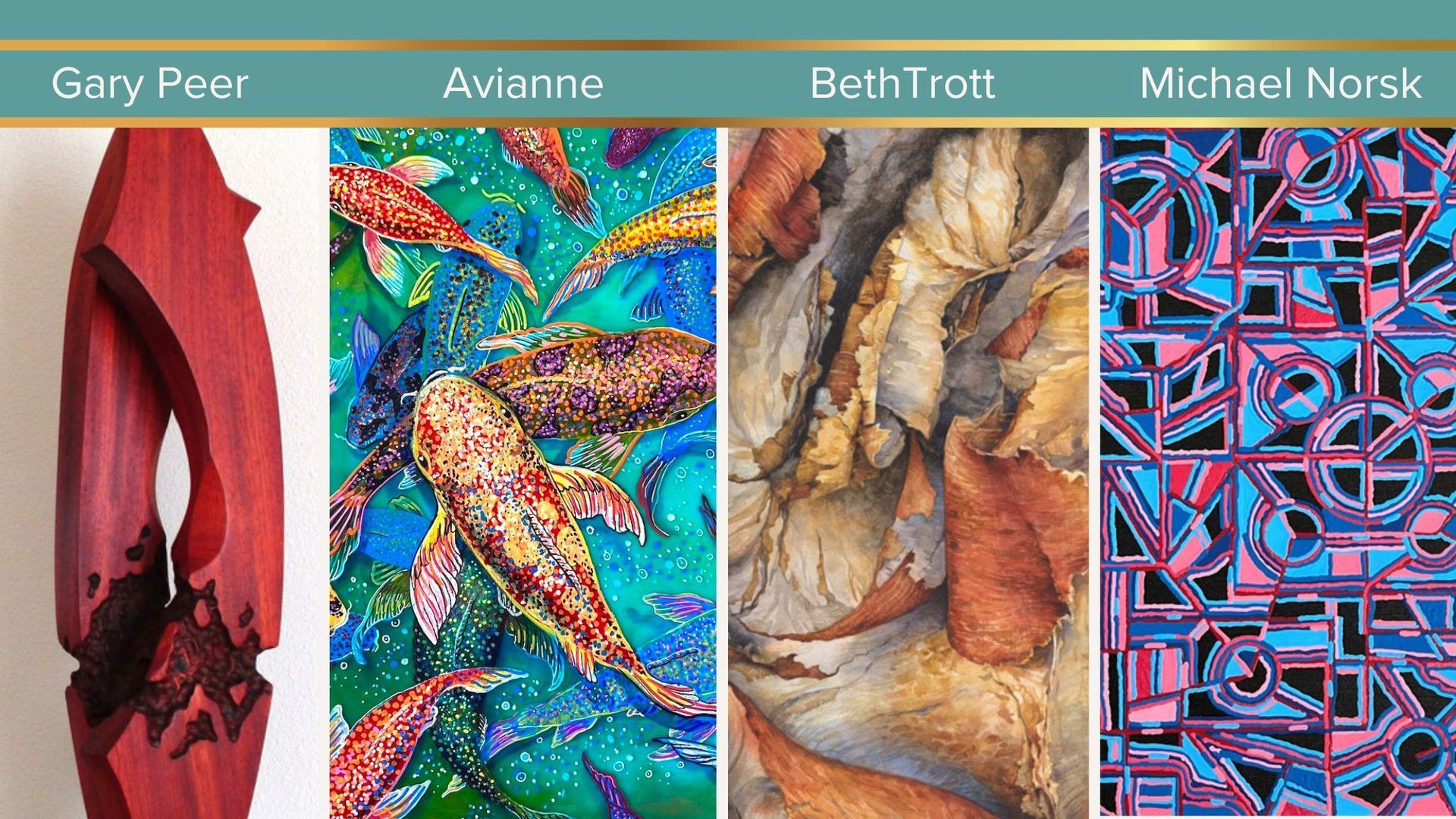 Four colorful abstract art panels labeled Gary Peer, Avalanche, Beth Trott, and Michael Norski.