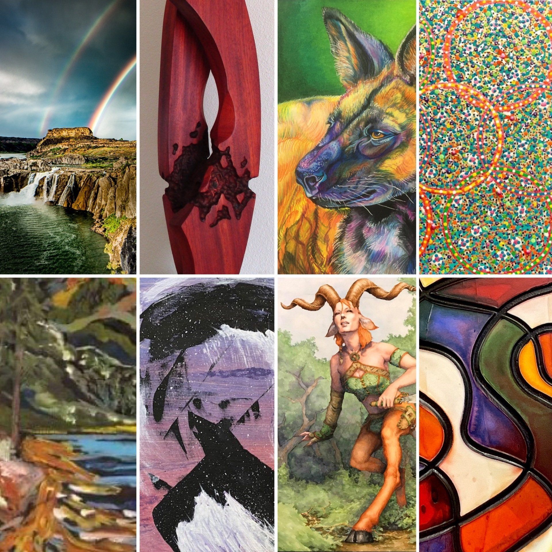 A collage of eight colorful abstract and nature-themed artworks, including landscape, animal, and geometric scenes