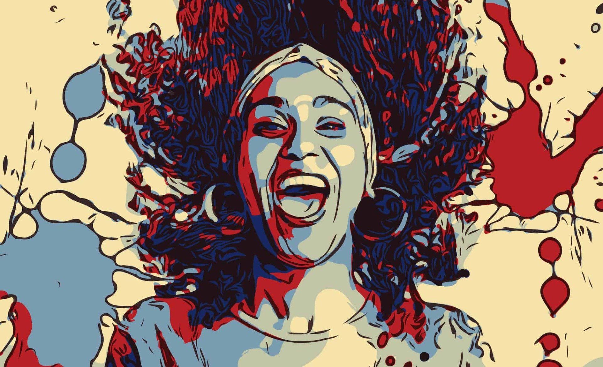 Stylized portrait of a laughing face with red and blue splashes on a beige background