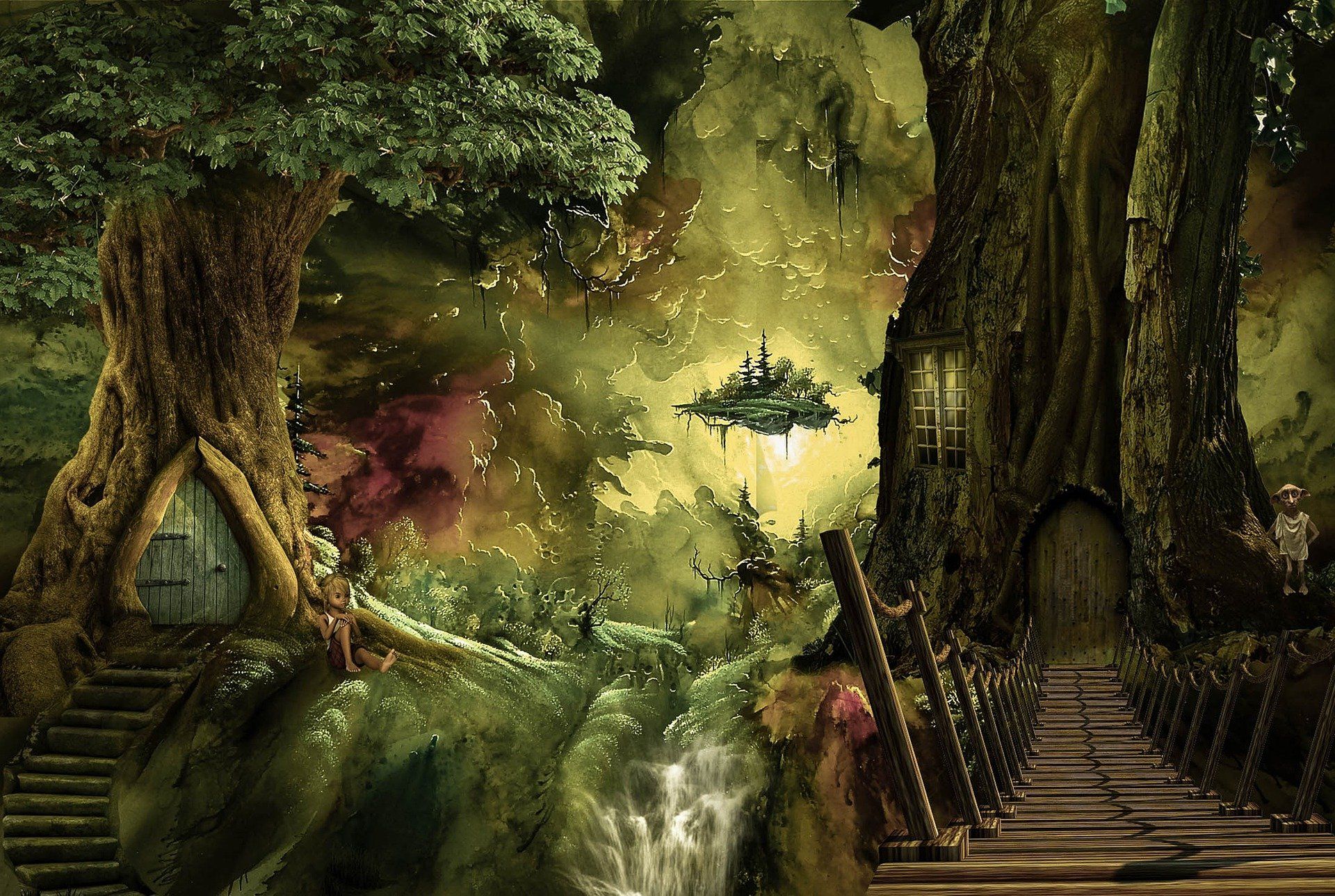 Enchanted forest with giant trees, glowing light, a waterfall, and a stone stairway to a treehouse entrance