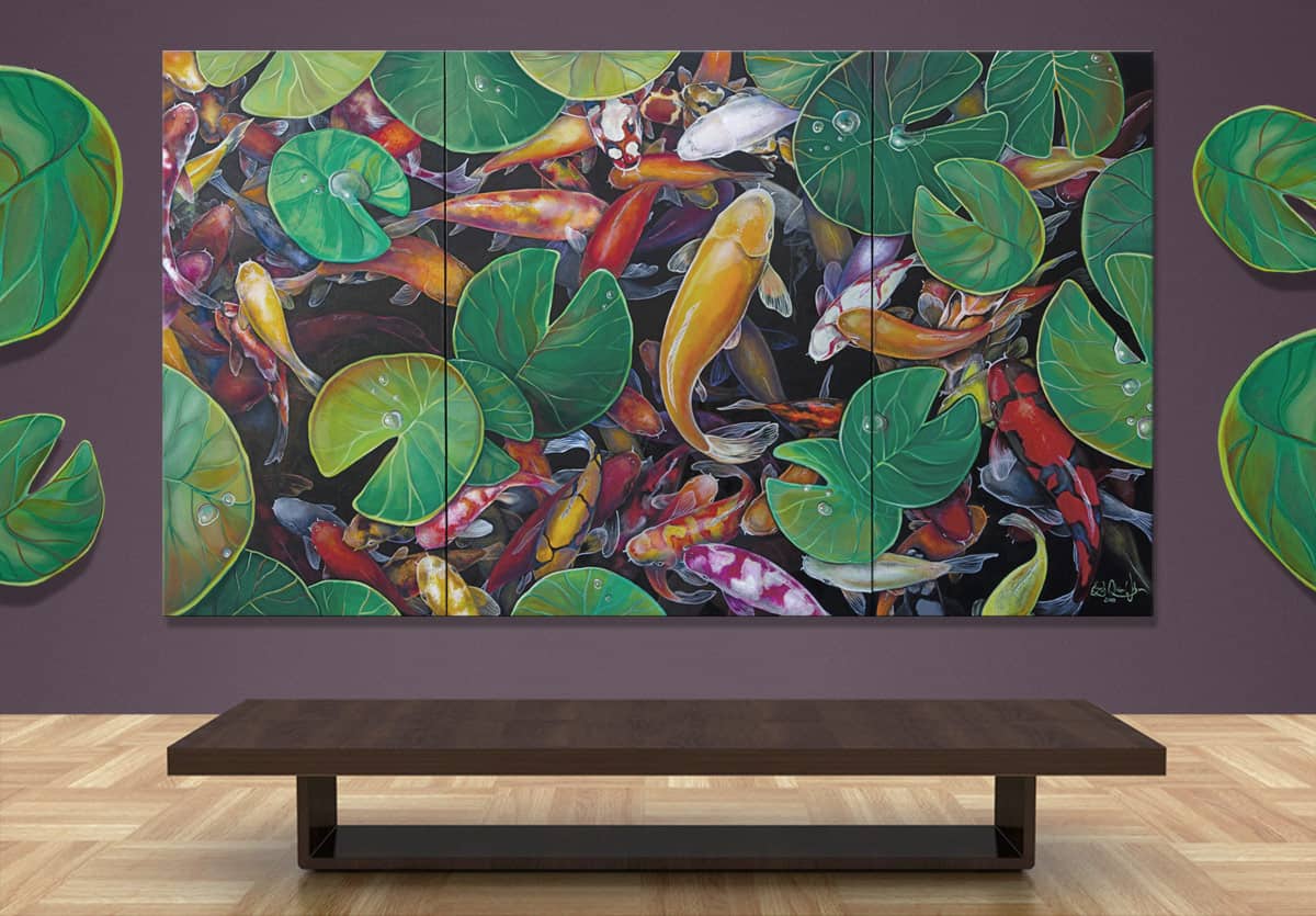Abstract fish painting with bright koi on a dark background in a gallery above a wooden bench