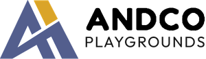 ANDCO Playgrounds logo with stylized blue and gold &ldquo;A&rdquo; icon and black text