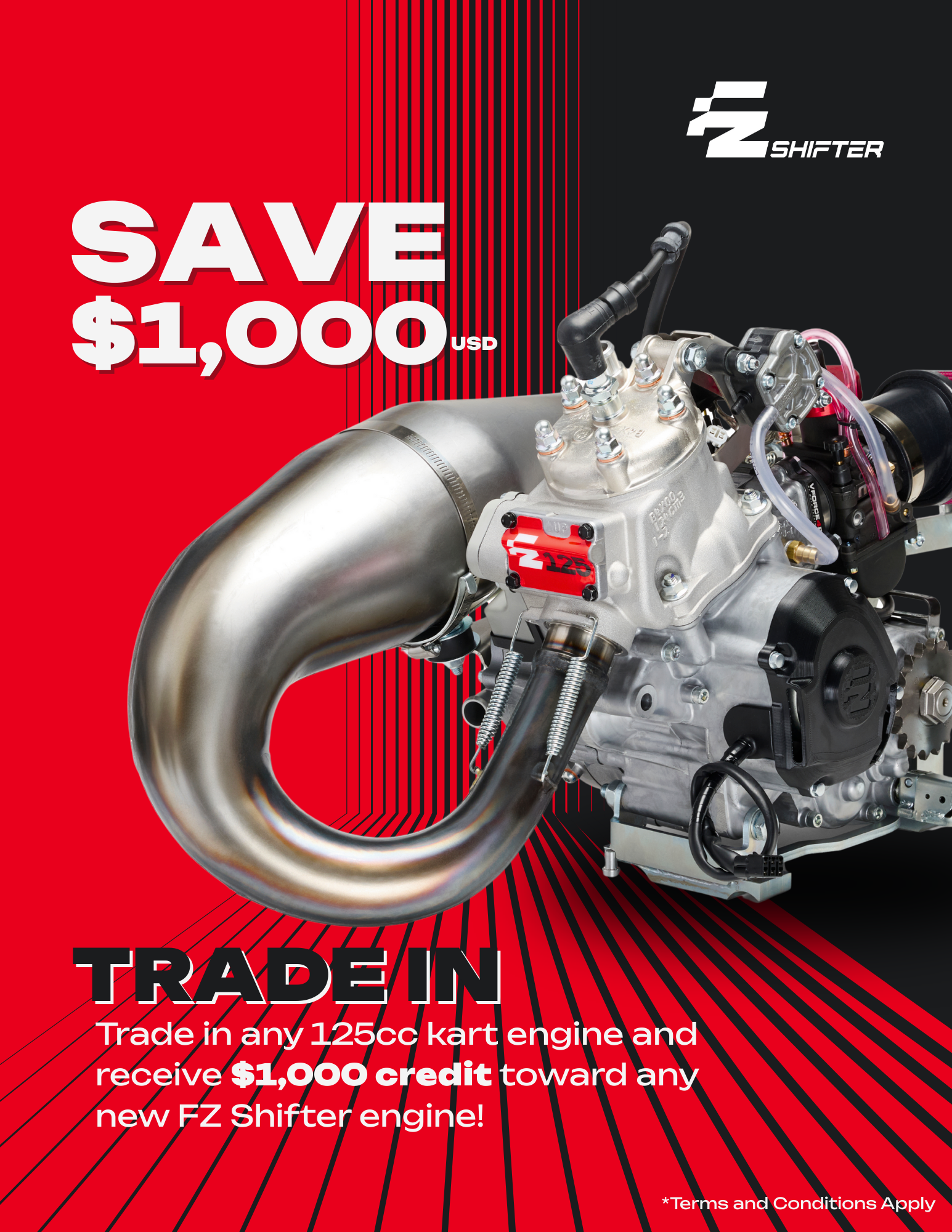 Advertisement: Save $1,000 on FZ Shifter engine. Trade in any 125cc kart engine. Red and black background. Engine visible.