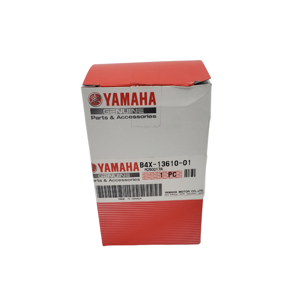 Yamaha parts box, white with red stripe, logo and part number 84X-13610-01 displayed.