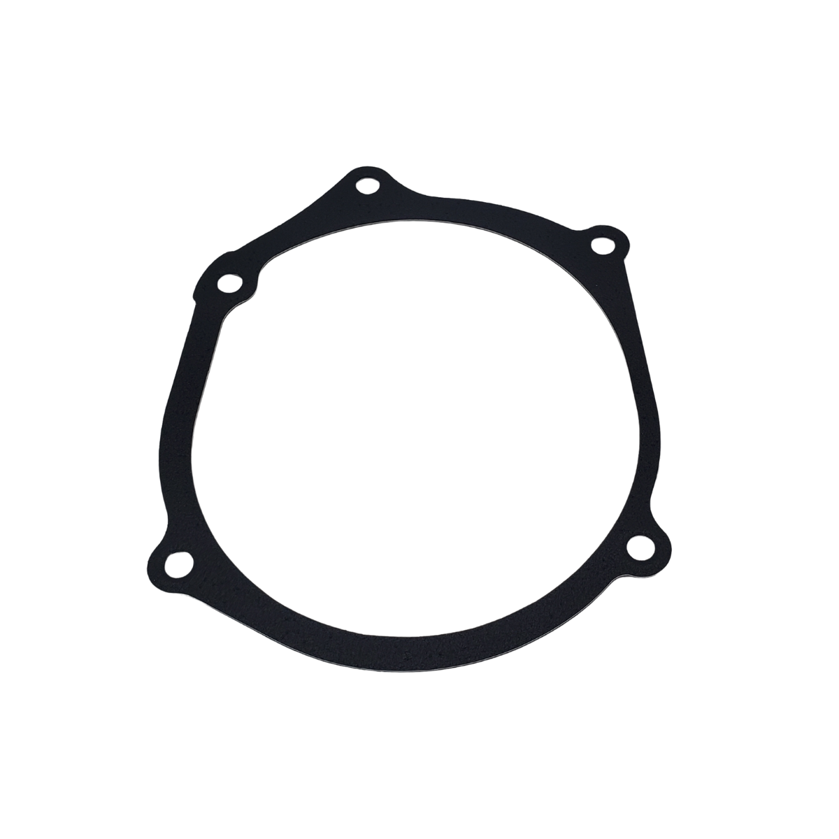 Black gasket with circular shape and 4 mounting holes.