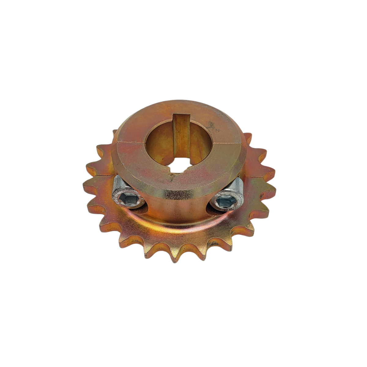 A yellow-colored sprocket with a keyed hub and two bolts.