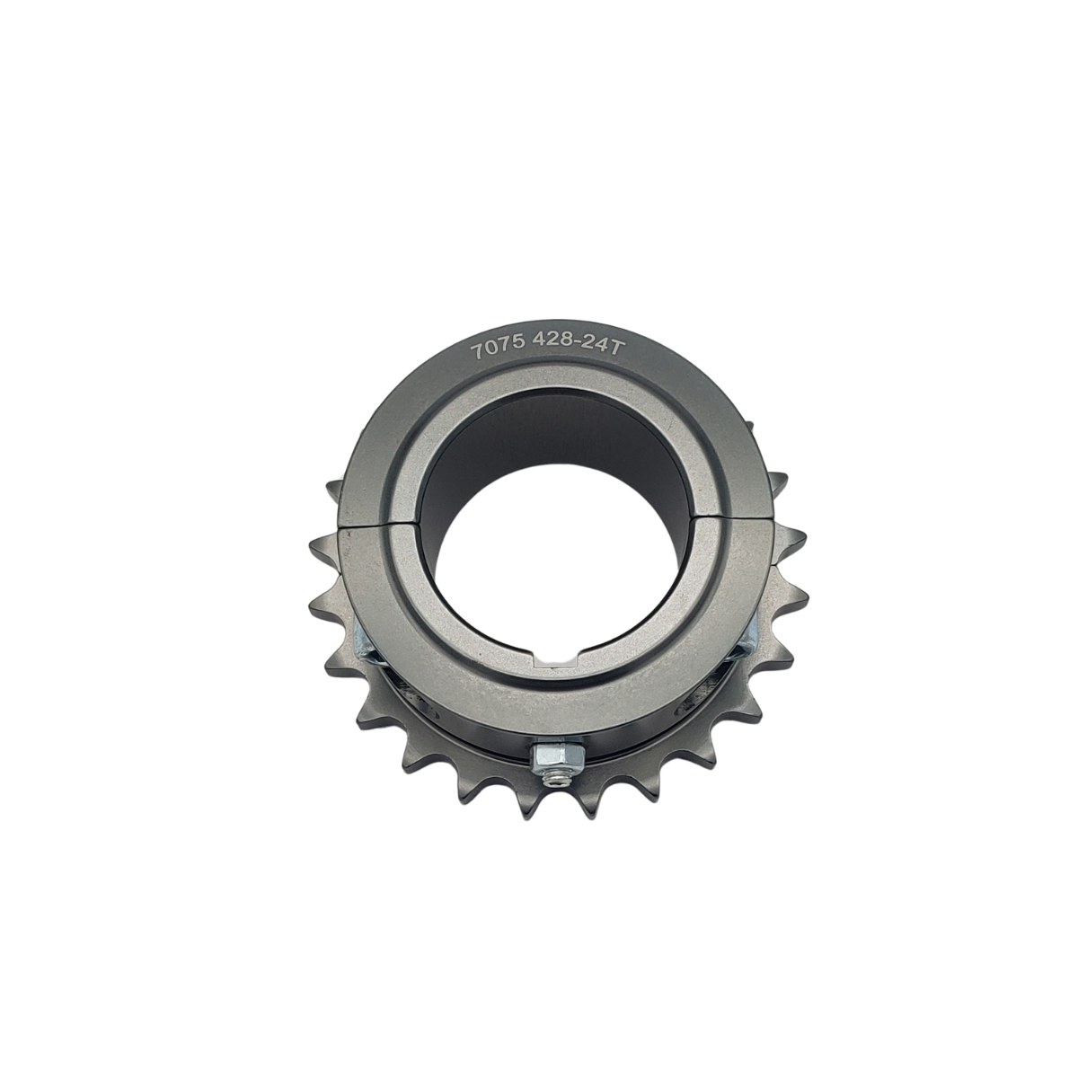 Gray sprocket with teeth and a hub. Bolts visible.