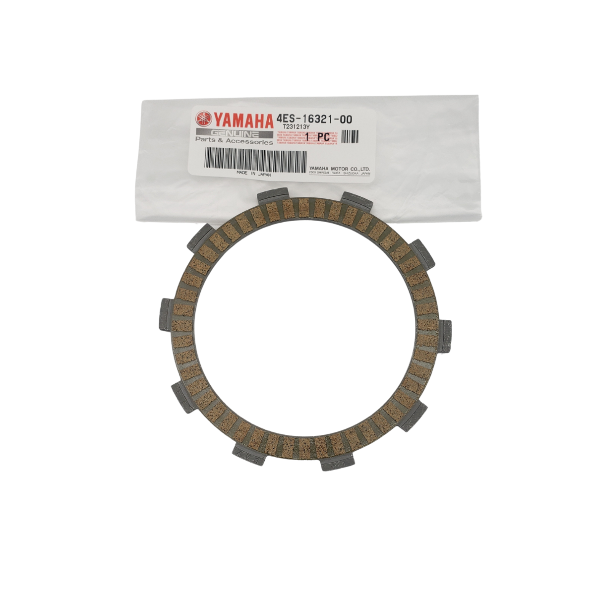 Yamaha motorcycle clutch disc and packaging; brown disc, white label with black text.