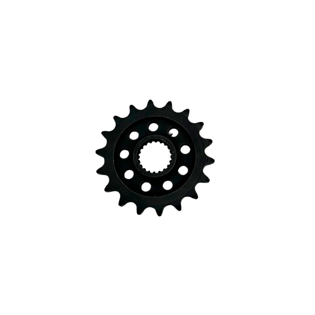Black motorcycle front sprocket with 16 teeth, with 8 bolt holes around the center.