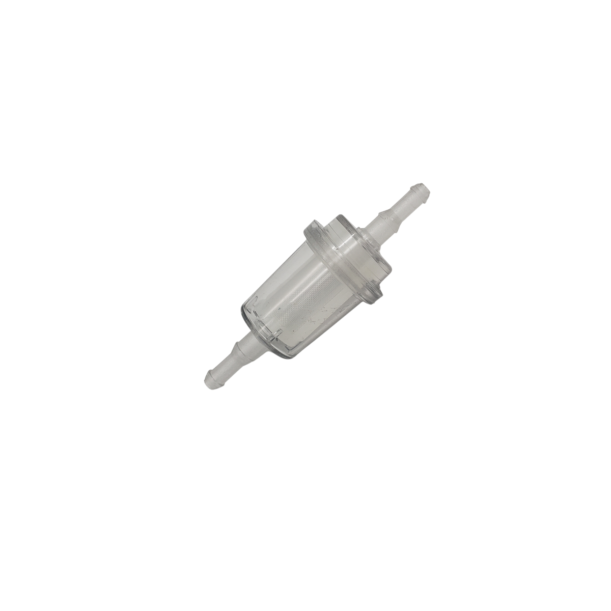 Clear plastic inline fuel filter with barbs on each end.