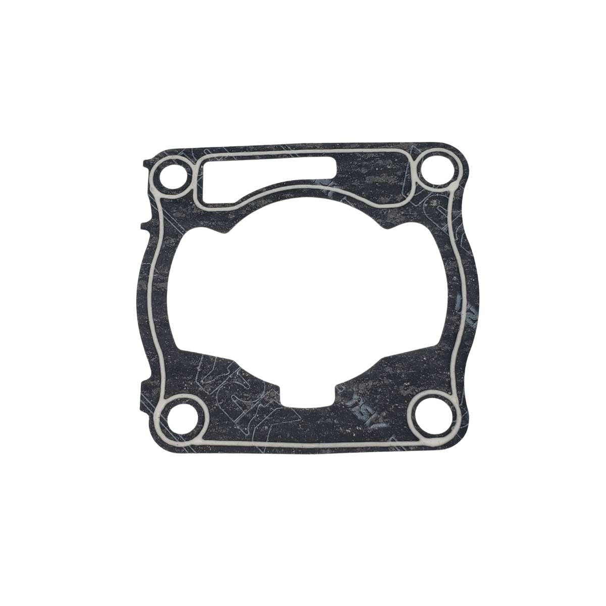 Black engine gasket with four bolt holes and an inner opening.
