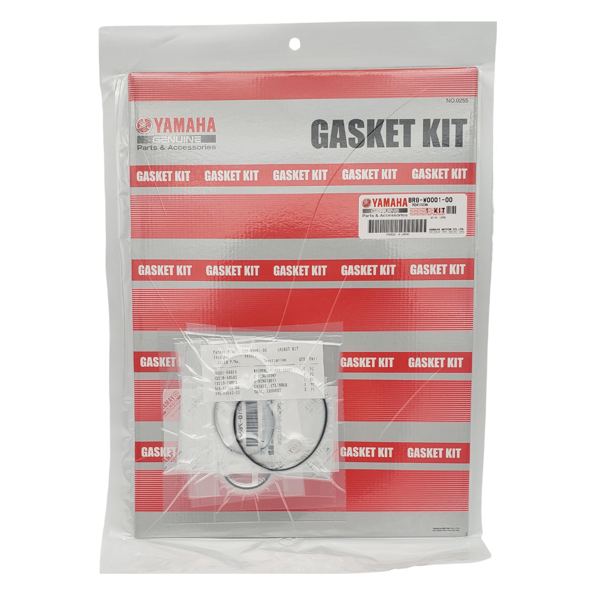 Yamaha gasket kit in a clear plastic package. White and red graphics with the 