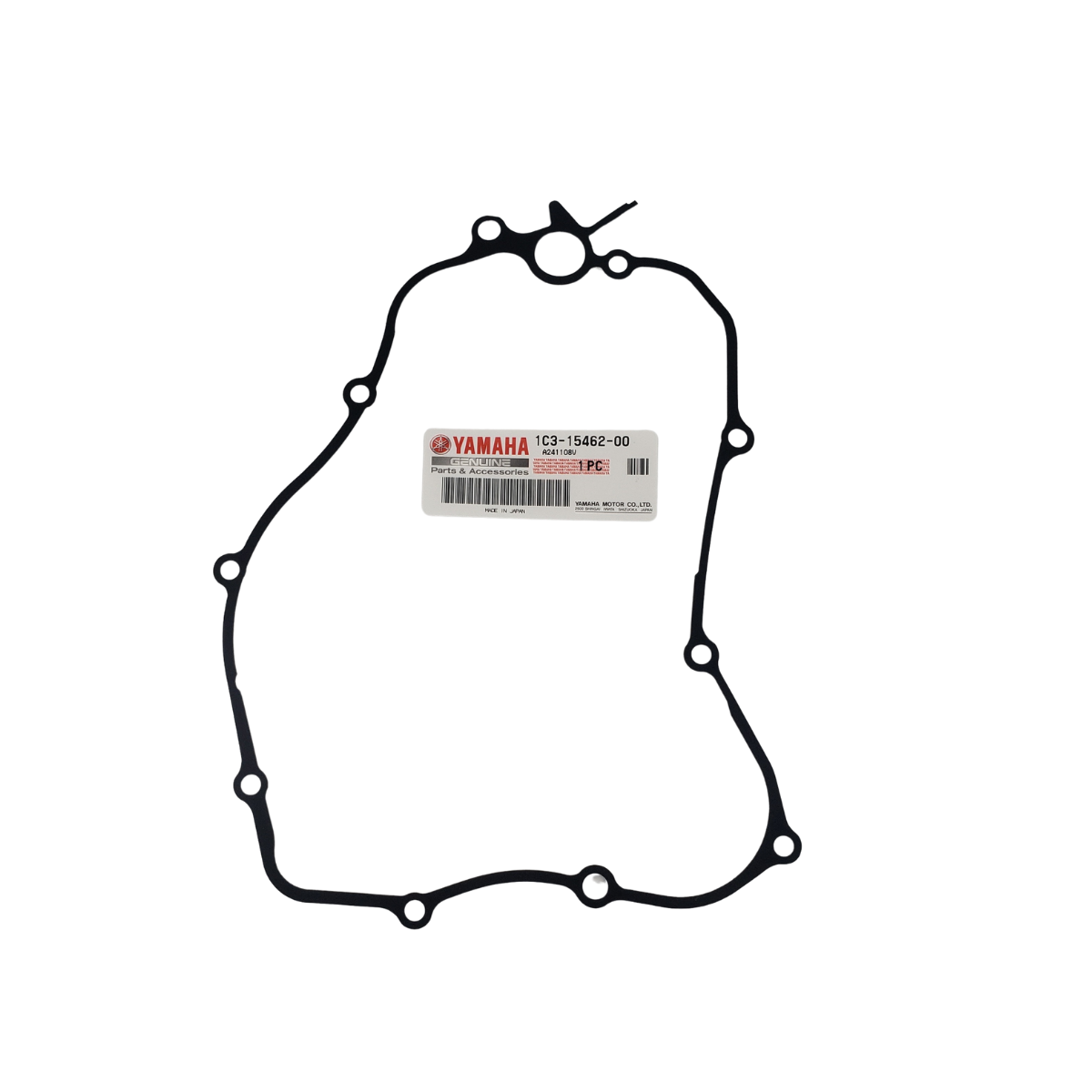 Black Yamaha motorcycle engine cover gasket with a barcode label.
