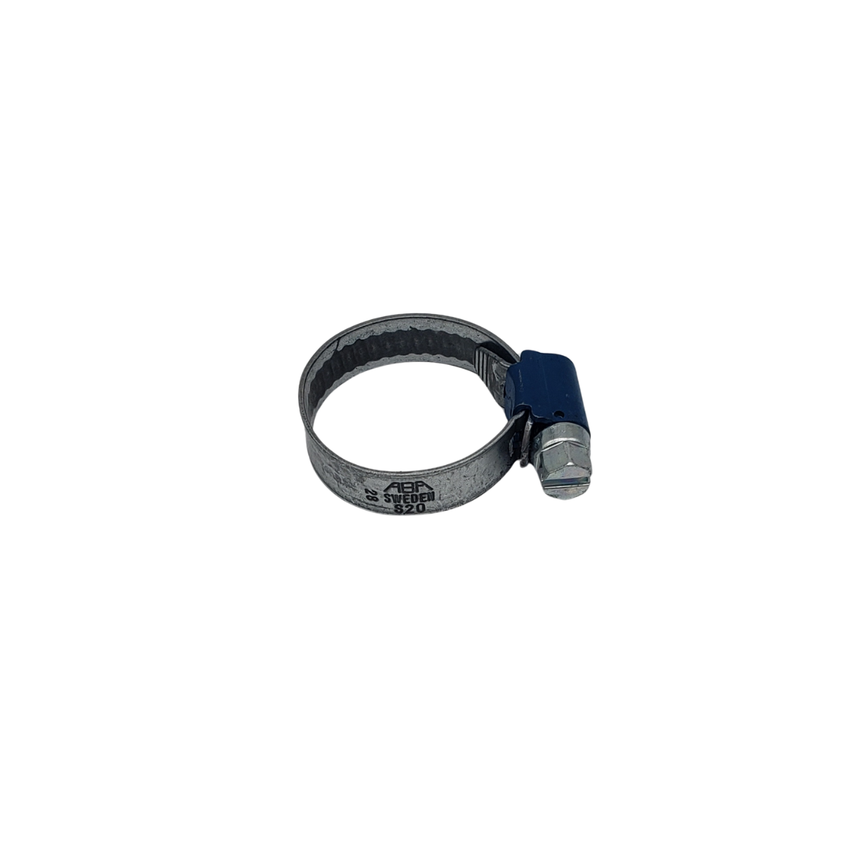 Metal hose clamp with blue screw housing.