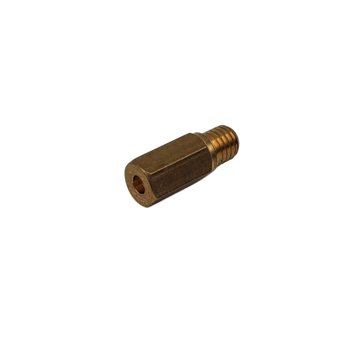 Brass jet with a threaded end and a hexagonal body.