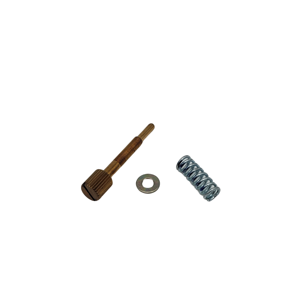 Brass-colored adjusting screw, a washer, and a metal spring on a white background.