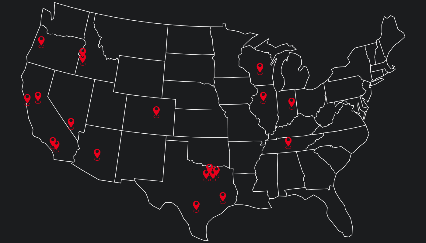 Map of the US with red location pins in the Southwest, California, and Texas.