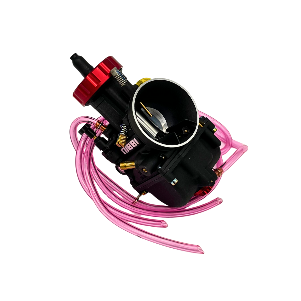 Black motorcycle carburetor with red accents and pink tubing.