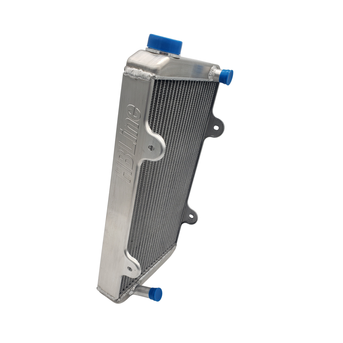 Silver motorcycle radiator with blue caps and mounting brackets.