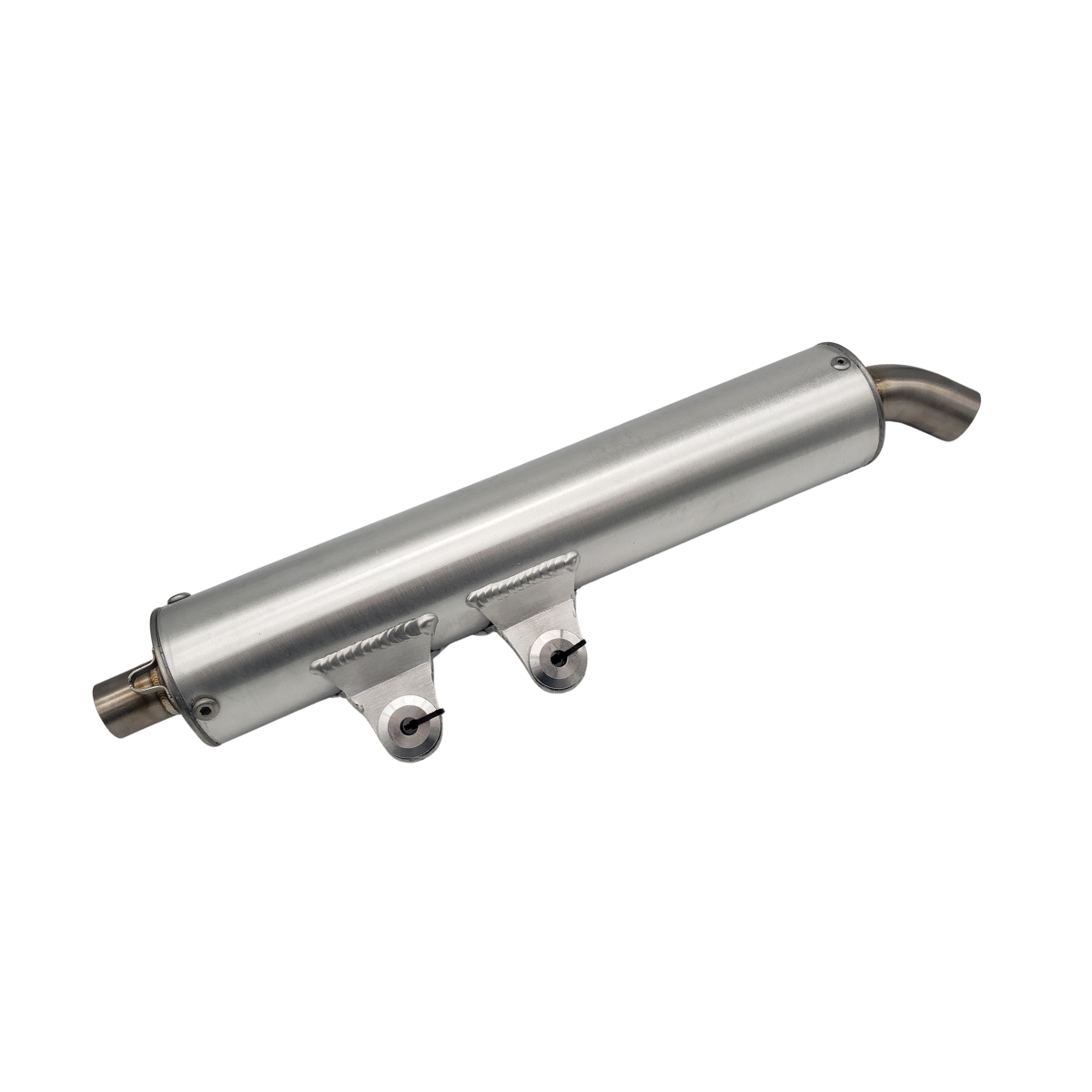 Silver ATV muffler with mounting brackets and a curved outlet.