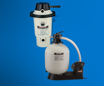A vacuum cleaner and a sand filter are on a blue background.