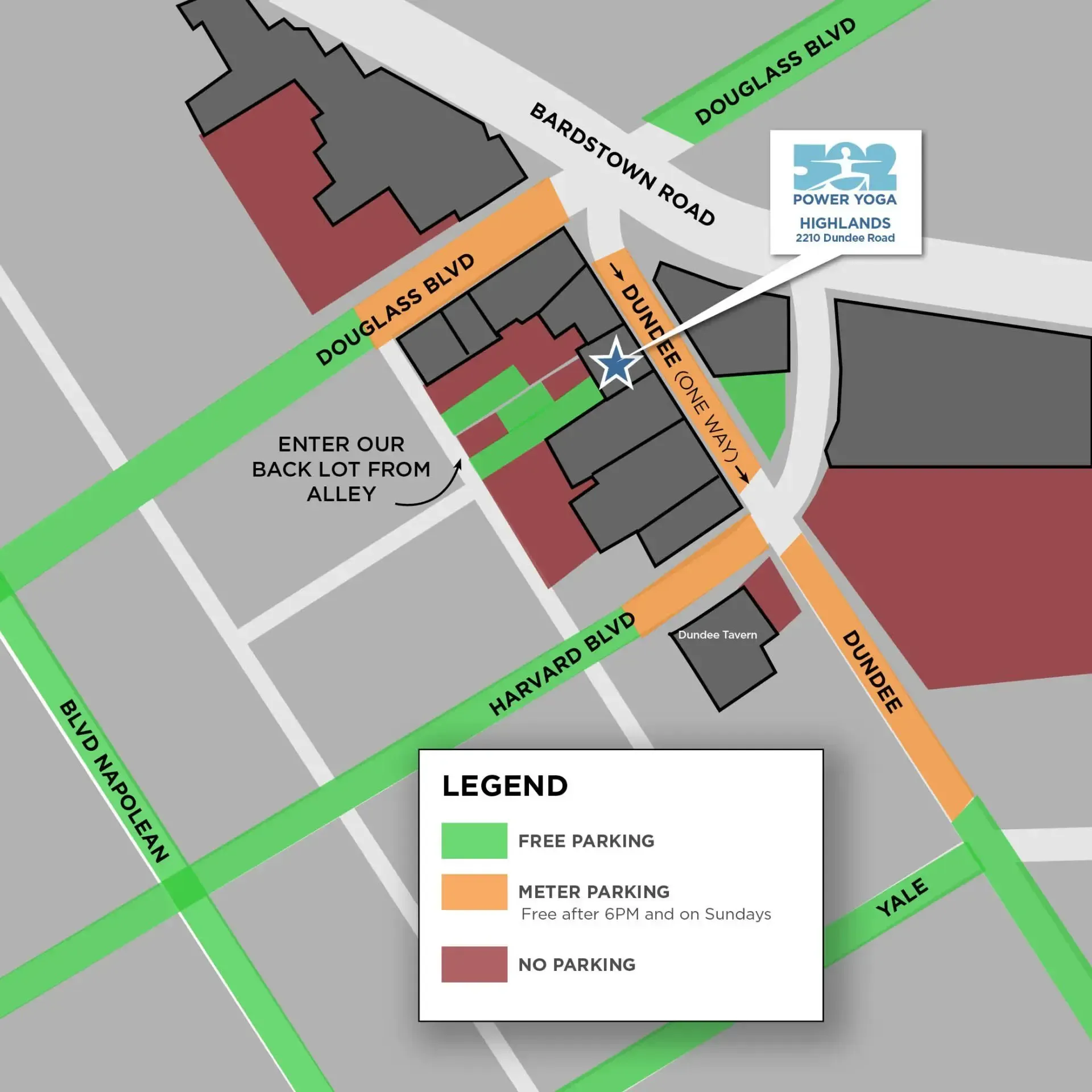 Map showing parking near 502 Power Yoga on Dundee Road, with green for free, orange for meter, and red for no parking.
