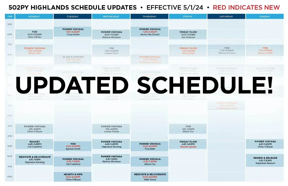 An updated fitness class schedule for 502PY Highlands effective 6/1/24, presented as a weekly grid with new classes in red.