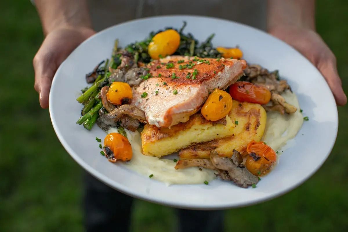 Hands hold a plate of seared salmon, yellow polenta cakes, roasted cherry tomatoes, mushrooms, and greens on purée.