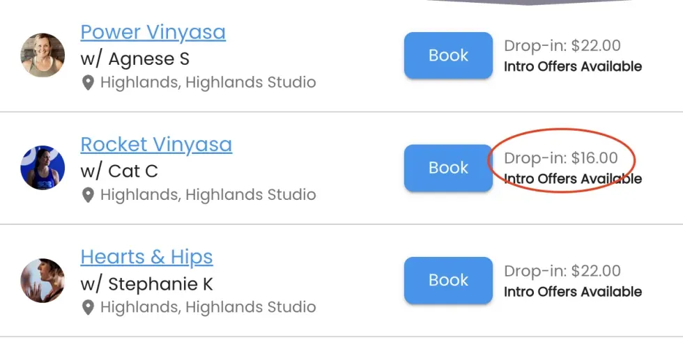 A list of yoga class bookings with a red circle highlighting the $18 drop-in price for the Rocket Vinyasa class.
