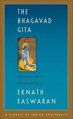 Book cover for The Bhagavad Gita, translated by Eknath Easwaran, featuring an illustration of Krishna on a blue background.