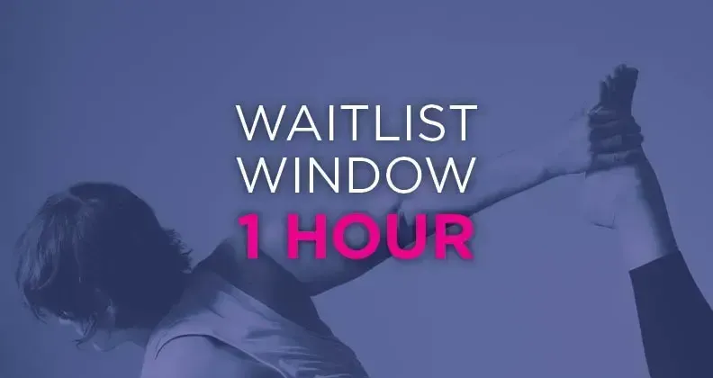 A person performs a yoga pose against a purple background, with the text