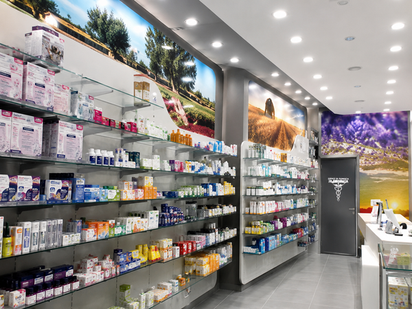 Luminosa corsia della farmacia con scaffali ben forniti e foto alle pareti, illuminata da faretti a incasso sul soffitto.