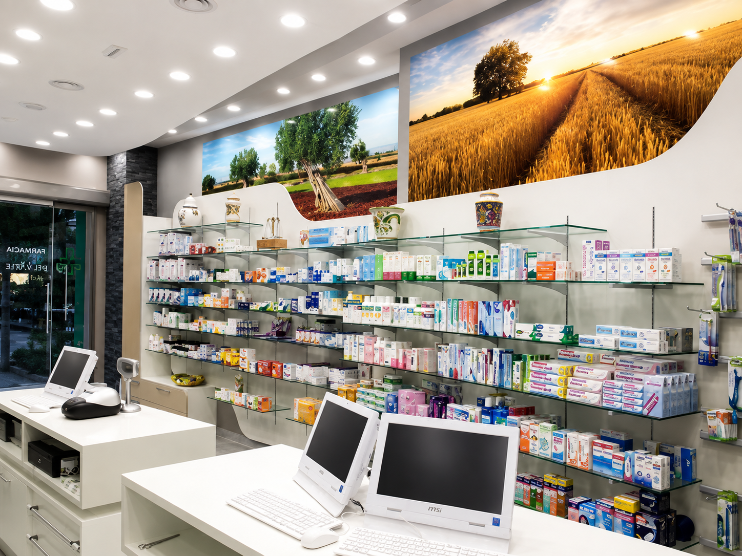 Luminoso interno di farmacia con scaffali pieni di medicinali, banconi bianchi e grandi foto panoramiche alle pareti.