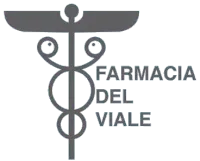 Logo grigio della farmacia con simbolo del caduceo e scritta “FARMACIA DEL VIALE”
